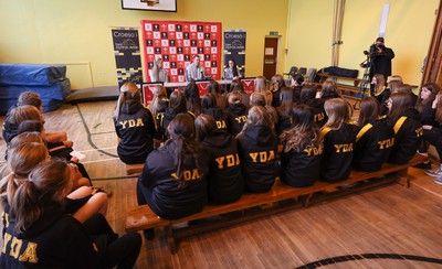 080323 - Wales Women 6 Nations Squad Announcement, Ysgol Dyffryn Aman, Ammanford - Wales Women Rugby head coach Ioan Cunningham and players Hannah Jones, left and Ffion Lewis return to their former school to speak to girls about their rugby careers and to formally announce the Wales Women’s squad for the forthcoming Women’s 6 Nations