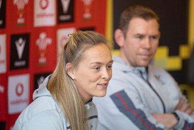 080323 - Wales Women 6 Nations Squad Announcement, Ysgol Dyffryn Aman, Ammanford - Wales Women Rugby head coach Ioan Cunningham and players Hannah Jones, left and Ffion Lewis return to their former school to speak to girls about their rugby careers and to formally announce the Wales Women’s squad for the forthcoming Women’s 6 Nations