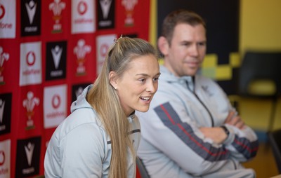 080323 - Wales Women 6 Nations Squad Announcement, Ysgol Dyffryn Aman, Ammanford - Wales Women Rugby head coach Ioan Cunningham and players Hannah Jones, left and Ffion Lewis return to their former school to speak to girls about their rugby careers and to formally announce the Wales Women’s squad for the forthcoming Women’s 6 Nations