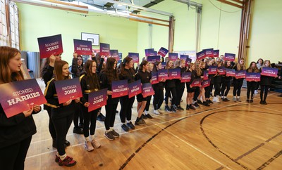 080323 - Wales Women 6 Nations Squad Announcement, Ysgol Dyffryn Aman, Ammanford - Wales Women Rugby head coach Ioan Cunningham and players Hannah Jones and Ffion Lewis return to their former school to speak to girls about their rugby careers and to formally announce the Wales Women’s squad for the forthcoming Women’s 6 Nations