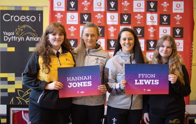 080323 - Wales Women 6 Nations Squad Announcement, Ysgol Dyffryn Aman, Ammanford - Wales Women Rugby head coach Ioan Cunningham and players Hannah Jones, left and Ffion Lewis return to their former school to speak to girls about their rugby careers and to formally announce the Wales Women’s squad for the forthcoming Women’s 6 Nations