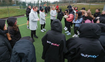 080323 - Wales Women 6 Nations Squad Announcement, Ysgol Dyffryn Aman, Ammanford - Wales Women Rugby head coach Ioan Cunningham and players Hannah Jones and Ffion Lewis return to their former school and take a girls rugby skills session after the girls helped to formally announce the Wales Women’s squad for the forthcoming Women’s 6 Nations