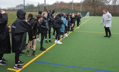 080323 - Wales Women 6 Nations Squad Announcement, Ysgol Dyffryn Aman, Ammanford - Wales Women Rugby head coach Ioan Cunningham and players Hannah Jones and Ffion Lewis return to their former school and take a girls rugby skills session after the girls helped to formally announce the Wales Women’s squad for the forthcoming Women’s 6 Nations