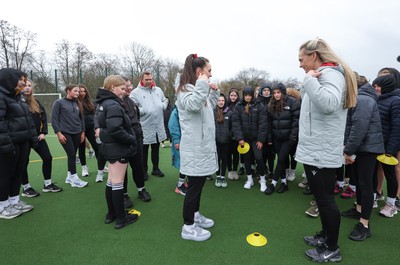 080323 - Wales Women 6 Nations Squad Announcement, Ysgol Dyffryn Aman, Ammanford - Wales Women Rugby head coach Ioan Cunningham and players Hannah Jones and Ffion Lewis return to their former school and take a girls rugby skills session after the girls helped to formally announce the Wales Women’s squad for the forthcoming Women’s 6 Nations