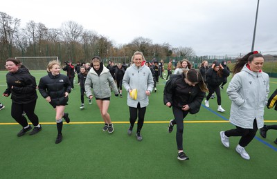 080323 - Wales Women 6 Nations Squad Announcement, Ysgol Dyffryn Aman, Ammanford - Wales Women players Hannah Jones and Ffion Lewis return to their former school and take a girls rugby skills session after the girls helped to formally announce the Wales Women’s squad for the forthcoming Women’s 6 Nations