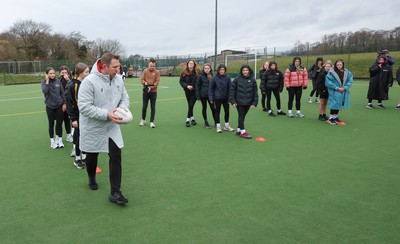 080323 - Wales Women 6 Nations Squad Announcement, Ysgol Dyffryn Aman, Ammanford - Wales Women Rugby head coach Ioan Cunningham and players Hannah Jones and Ffion Lewis return to their former school and take a girls rugby skills session after the girls helped to formally announce the Wales Women’s squad for the forthcoming Women’s 6 Nations