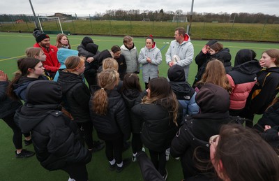 080323 - Wales Women 6 Nations Squad Announcement, Ysgol Dyffryn Aman, Ammanford - Wales Women Rugby head coach Ioan Cunningham and players Hannah Jones and Ffion Lewis return to their former school and take a girls rugby skills session after the girls helped to formally announce the Wales Women’s squad for the forthcoming Women’s 6 Nations