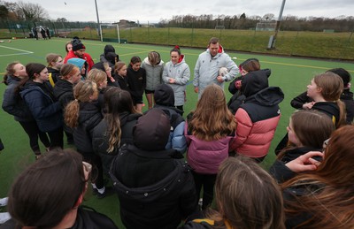 080323 - Wales Women 6 Nations Squad Announcement, Ysgol Dyffryn Aman, Ammanford - Wales Women Rugby head coach Ioan Cunningham and players Hannah Jones and Ffion Lewis return to their former school and take a girls rugby skills session after the girls helped to formally announce the Wales Women’s squad for the forthcoming Women’s 6 Nations