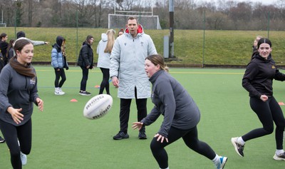 080323 - Wales Women 6 Nations Squad Announcement, Ysgol Dyffryn Aman, Ammanford - Wales Women Rugby head coach Ioan Cunningham and players Hannah Jones and Ffion Lewis return to their former school and take a girls rugby skills session after the girls helped to formally announce the Wales Women’s squad for the forthcoming Women’s 6 Nations