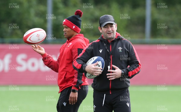 230521 - Wales Women 7s Squad Training - Coach Darren Edwards,right, with Wales Women head coach Warren Abrahams during training session