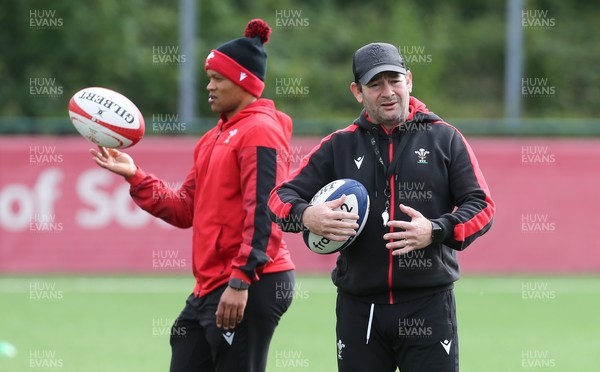 230521 - Wales Women 7s Squad Training - Coach Darren Edwards,right, with Wales Women head coach Warren Abrahams during training session