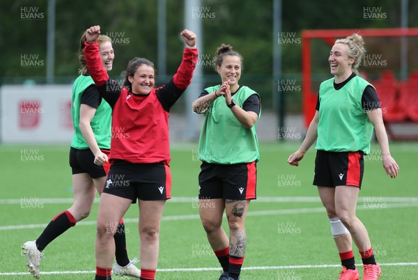 230521 - Wales Women 7s Squad Training - Left to right,  Kayleigh Powell, Jade Mullen and Bethan Dainton during training