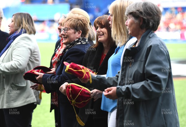 300422 - Wales Women v Italy Women - TikTok Women's Six Nations - Janet Watkins, Catrin Davies, Cath Evans and Janet Gedrych after receiving their caps