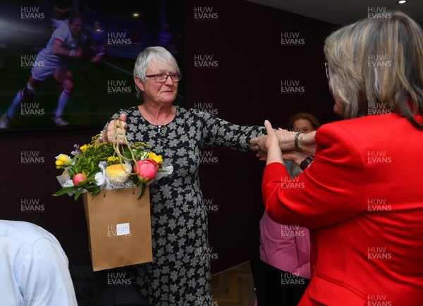 300422 - Wales Women v Italy Women - TikTok Women's Six Nations - Maddy Austen receives flowers from Cilla Davies