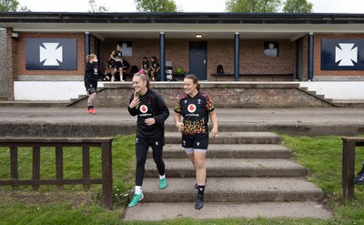 080526 - Wales Women Rugby Captains Run - Hannah Dallavalle and Lleucu George during Captains Run at Pirrie Park ahead of the Women’s 6 Nations match against Ireland at Affidea Stadium