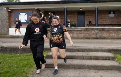 080526 - Wales Women Rugby Captains Run - Jorja Aiono and Stella Orrin during Captains Run at Pirrie Park ahead of the Women’s 6 Nations match against Ireland at Affidea Stadium