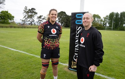 080526 - Wales Women Rugby Captains Run - Natalia John, left, who could win her 50th cap and Nikita Prothero who is line for her first cap, during Captains Run at Pirrie Park ahead of the Women’s 6 Nations match against Ireland at Affidea Stadium