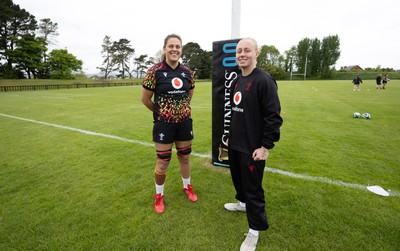 080526 - Wales Women Rugby Captains Run - Natalia John, left, who could win her 50th cap and Nikita Prothero who is line for her first cap, during Captains Run at Pirrie Park ahead of the Women’s 6 Nations match against Ireland at Affidea Stadium