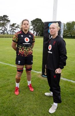 080526 - Wales Women Rugby Captains Run - Natalia John, left, who could win her 50th cap and Nikita Prothero who is line for her first cap, during Captains Run at Pirrie Park ahead of the Women’s 6 Nations match against Ireland at Affidea Stadium