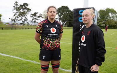 080526 - Wales Women Rugby Captains Run - Natalia John, left, who could win her 50th cap and Nikita Prothero who is line for her first cap, during Captains Run at Pirrie Park ahead of the Women’s 6 Nations match against Ireland at Affidea Stadium