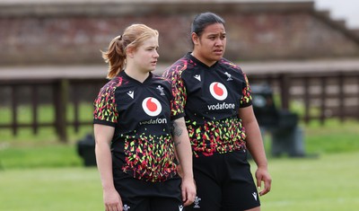 080526 - Wales Women Rugby Captains Run - Bethan Lewis and Sisilia Tuipulotu during Captains Run at Pirrie Park ahead of the Women’s 6 Nations match against Ireland at Affidea Stadium