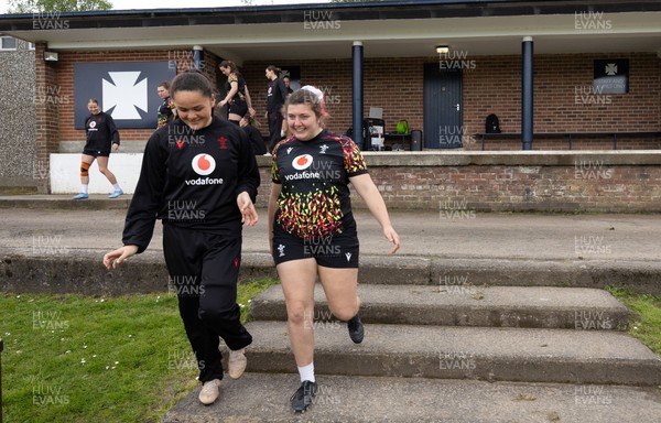 080526 - Wales Women Rugby Captains Run - Jorja Aiono and Stella Orrin during Captains Run at Pirrie Park ahead of the Women’s 6 Nations match against Ireland at Affidea Stadium