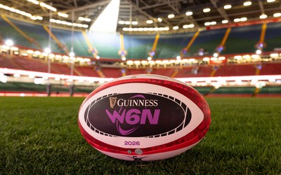 100426 - Wales Women Rugby Captain’s Run - A GV of the Principality Stadium with a match ball  during Captain’s Run at the Principality Stadium ahead of the opening Women’s 6 Nations match against Scotland