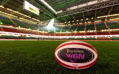 100426 - Wales Women Rugby Captain’s Run - A GV of the Principality Stadium with a match ball  during Captain’s Run at the Principality Stadium ahead of the opening Women’s 6 Nations match against Scotland