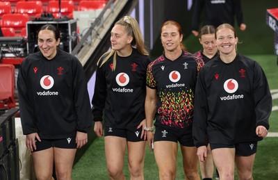 100426 - Wales Women Rugby Captain’s Run - Courtney Keight, Hannah Dallavalle, Lisa Neumann and Carys Cox during Captain’s Run at the Principality Stadium ahead of the opening Women’s 6 Nations match against Scotland