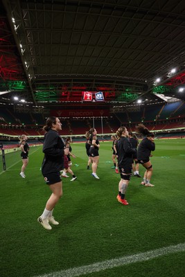 100426 - Wales Women Rugby Captain’s Run - The Wales match squad warm up during Captain’s Run at the Principality Stadium ahead of the opening Women’s 6 Nations match against Scotland