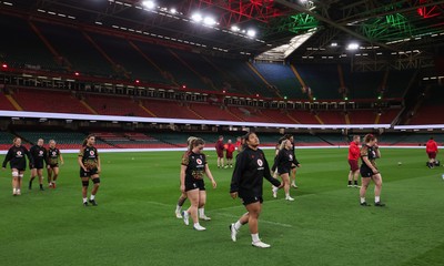 100426 - Wales Women Rugby Captain’s Run - The Wales match squad warm up during Captain’s Run at the Principality Stadium ahead of the opening Women’s 6 Nations match against Scotland