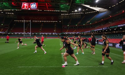 100426 - Wales Women Rugby Captain’s Run - The Wales match squad warm up during Captain’s Run at the Principality Stadium ahead of the opening Women’s 6 Nations match against Scotland