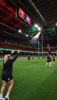 100426 - Wales Women Rugby Captain’s Run - The Wales Women team go through line outs  during Captain’s Run at the Principality Stadium ahead of the opening Women’s 6 Nations match against Scotland