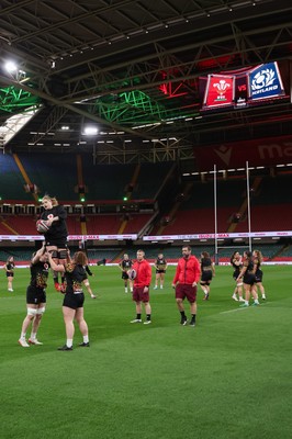 100426 - Wales Women Rugby Captain’s Run - The Wales Women team go through line outs  during Captain’s Run at the Principality Stadium ahead of the opening Women’s 6 Nations match against Scotland