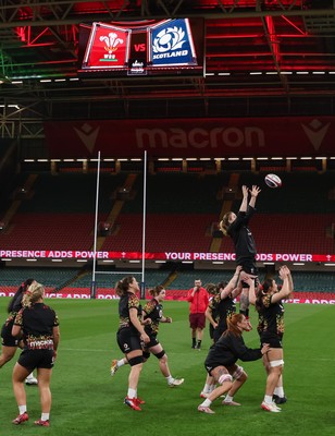 100426 - Wales Women Rugby Captain’s Run - The Wales Women team go through line outs  during Captain’s Run at the Principality Stadium ahead of the opening Women’s 6 Nations match against Scotland