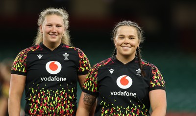 100426 - Wales Women Rugby Captain’s Run -Alaw Pyrs and Maisie Davies during Captain’s Run at the Principality Stadium ahead of the opening Women’s 6 Nations match against Scotland