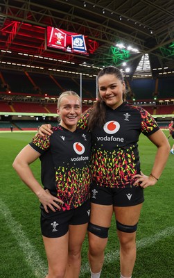 100426 - Wales Women Rugby Captain’s Run - New caps Seren Singleton and Jorja Aiono during Captain’s Run at the Principality Stadium ahead of the opening Women’s 6 Nations match against Scotland