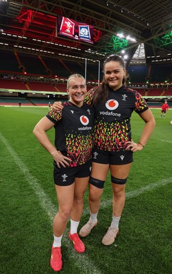 100426 - Wales Women Rugby Captain’s Run - New caps Seren Singleton and Jorja Aiono during Captain’s Run at the Principality Stadium ahead of the opening Women’s 6 Nations match against Scotland