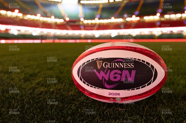100426 - Wales Women Rugby Captain’s Run - A GV of the Principality Stadium with a match ball  during Captain’s Run at the Principality Stadium ahead of the opening Women’s 6 Nations match against Scotland