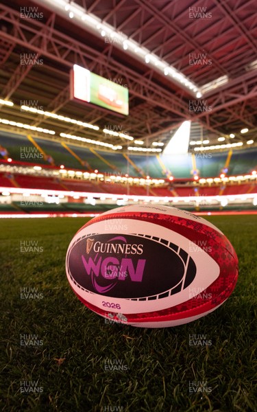 100426 - Wales Women Rugby Captain’s Run - A GV of the Principality Stadium with a match ball  during Captain’s Run at the Principality Stadium ahead of the opening Women’s 6 Nations match against Scotland