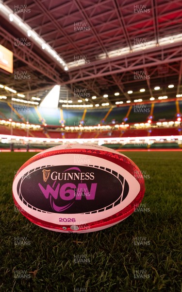 100426 - Wales Women Rugby Captain’s Run - A GV of the Principality Stadium with a match ball  during Captain’s Run at the Principality Stadium ahead of the opening Women’s 6 Nations match against Scotland