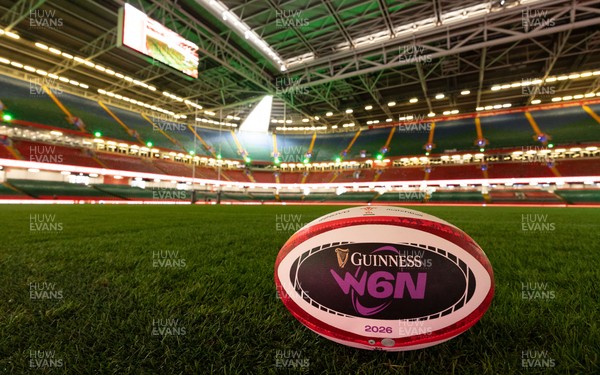 100426 - Wales Women Rugby Captain’s Run - A GV of the Principality Stadium with a match ball  during Captain’s Run at the Principality Stadium ahead of the opening Women’s 6 Nations match against Scotland