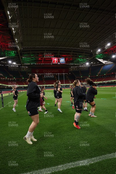 100426 - Wales Women Rugby Captain’s Run - The Wales match squad warm up during Captain’s Run at the Principality Stadium ahead of the opening Women’s 6 Nations match against Scotland