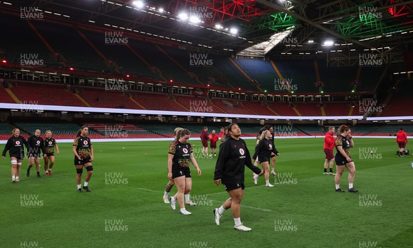 100426 - Wales Women Rugby Captain’s Run - The Wales match squad warm up during Captain’s Run at the Principality Stadium ahead of the opening Women’s 6 Nations match against Scotland