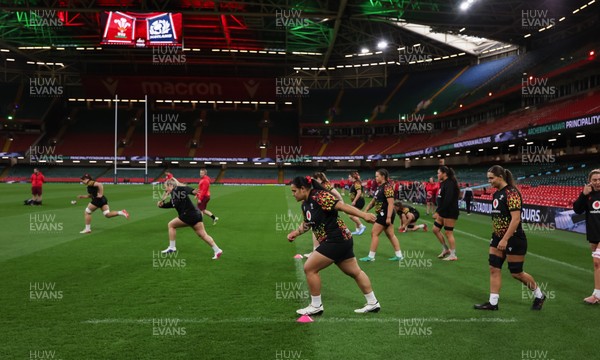 100426 - Wales Women Rugby Captain’s Run - The Wales match squad warm up during Captain’s Run at the Principality Stadium ahead of the opening Women’s 6 Nations match against Scotland