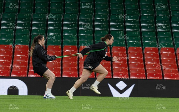 100426 - Wales Women Rugby Captain’s Run - The Wales match squad warm up during Captain’s Run at the Principality Stadium ahead of the opening Women’s 6 Nations match against Scotland