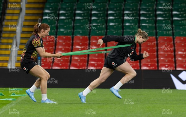 100426 - Wales Women Rugby Captain’s Run - The Wales match squad warm up during Captain’s Run at the Principality Stadium ahead of the opening Women’s 6 Nations match against Scotland