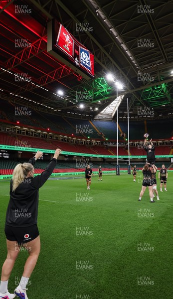 100426 - Wales Women Rugby Captain’s Run - The Wales Women team go through line outs  during Captain’s Run at the Principality Stadium ahead of the opening Women’s 6 Nations match against Scotland