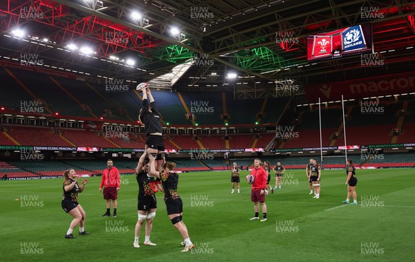 100426 - Wales Women Rugby Captain’s Run - The Wales Women team go through line outs  during Captain’s Run at the Principality Stadium ahead of the opening Women’s 6 Nations match against Scotland