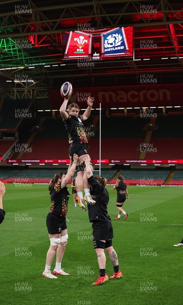 100426 - Wales Women Rugby Captain’s Run - The Wales Women team go through line outs  during Captain’s Run at the Principality Stadium ahead of the opening Women’s 6 Nations match against Scotland
